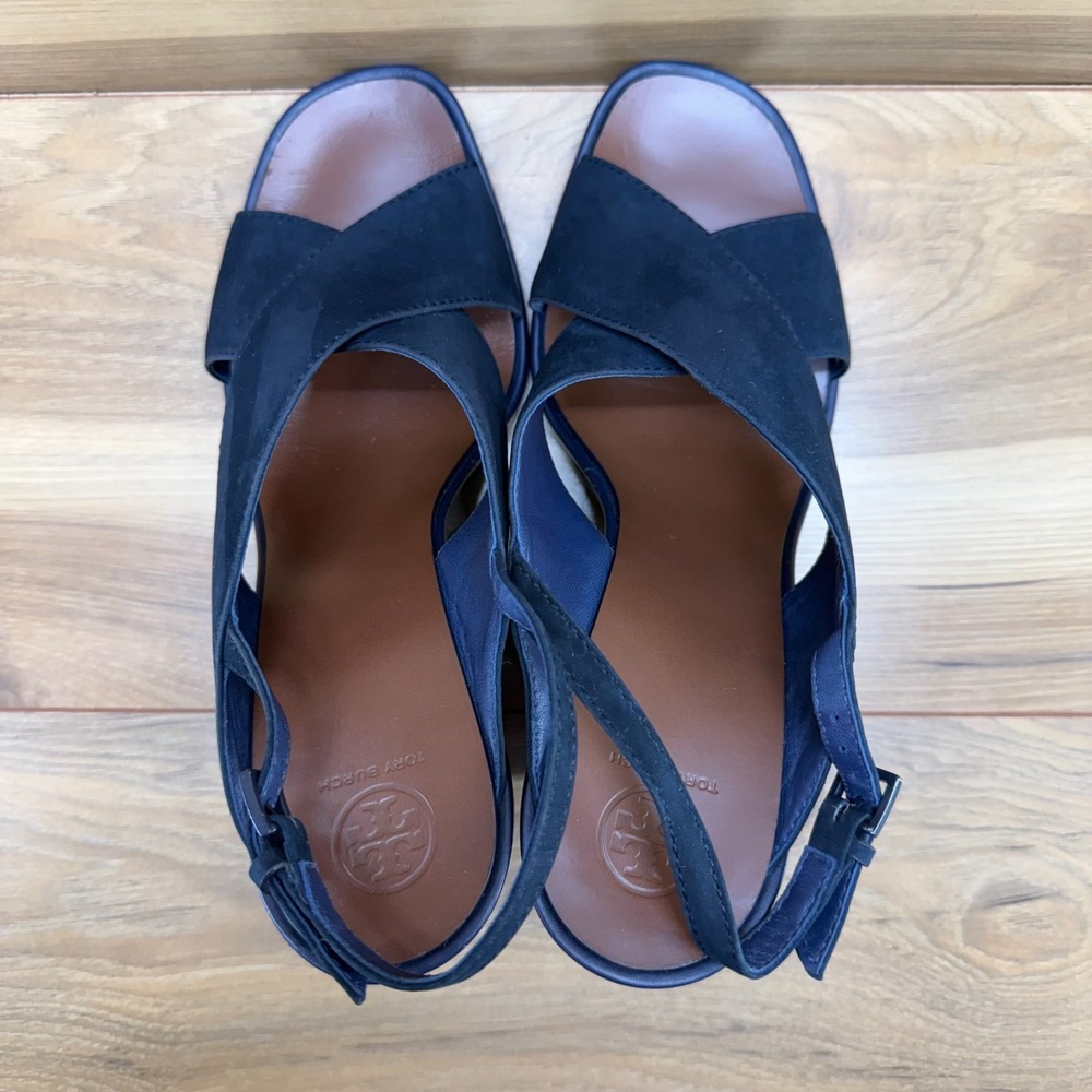 Tory Burch Gabrielle Wedge Slingback Sandals 10.5 M Navy Blue Suede Cross Strap - Picture 8 of 12